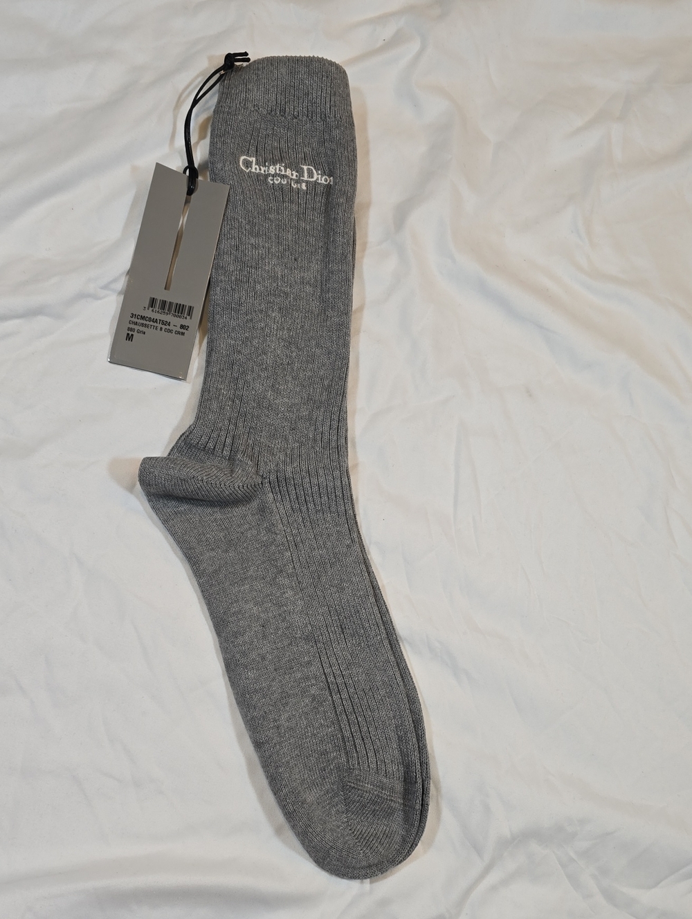 Dior Men's Gray Ribbed Crew Sock with Embroidered Logo